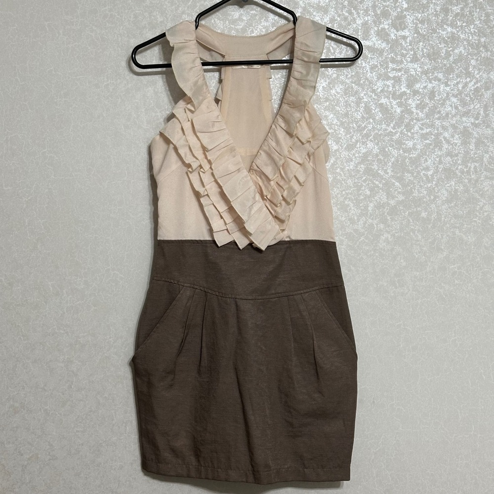 A'gaci Ruffle Mini Dress Sleeveless Racerback Two Tone Brown Beige Pleated S
